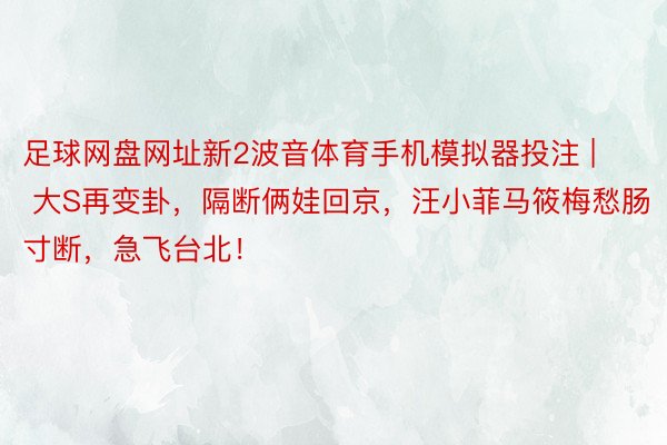 足球网盘网址新2波音体育手机模拟器投注 | 大S再变卦，隔断俩娃回京，汪小菲马筱梅愁肠寸断，急飞台北！
